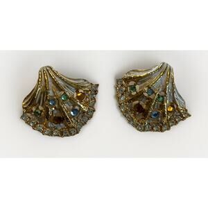 Vintage Signed CRAFT White Enamel Gold Tone Rhinestone Earrings Multicolor 80's